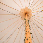 tent pole with vines and lights wrapped around